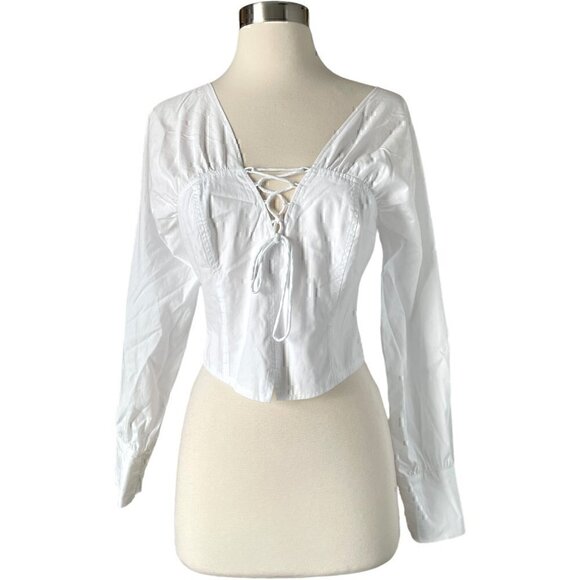 Nicholas Tatum White Poplin Corset Top Long Sleeve Size 2 Lace Up Blouse - Picture 8 of 8